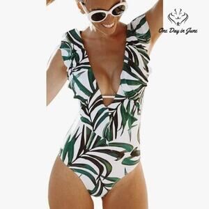 Sporlike V Neck Ruffle One Piece Swimsuit Size L